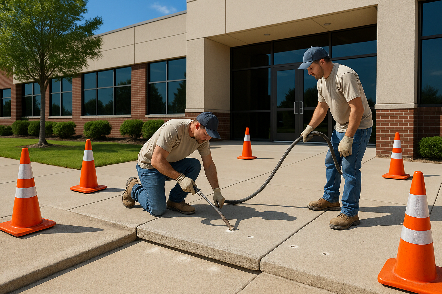 A high-resolution photo-realistic commercial property in Texas with a lifted and leveled concrete walkway at an office entrance, technicians injecting polyurethane foam through small drilled holes, clean jobsite, modern building facade, bright Texas daylight, safety cones, before-and-after elevation difference subtly visible, professional and trustworthy service atmosphere.