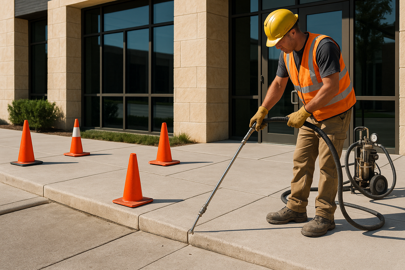 A high-resolution commercial property scene in Texas showing a concrete contractor repairing a sunken sidewalk outside an office or retail building using polyurethane foam injection equipment. Include uneven sidewalk panels, a clear before-and-after elevation difference, safety cones, clean professional tools, bright Texas daylight, and a modern business frontage with realistic concrete texture.
