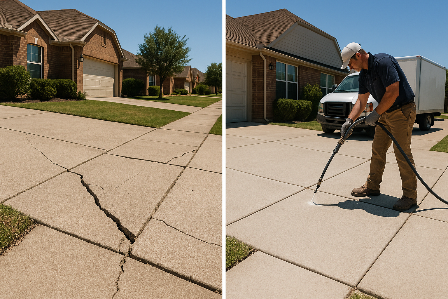 A realistic residential Texas driveway and sidewalk with visible concrete cracks and slight slab settlement, one side showing damaged cracked concrete and the other side showing a contractor performing polyurethane foam leveling repair. Bright Texas sunlight, suburban home in the background, clean professional service truck, before-and-after composition, high detail, photorealistic.