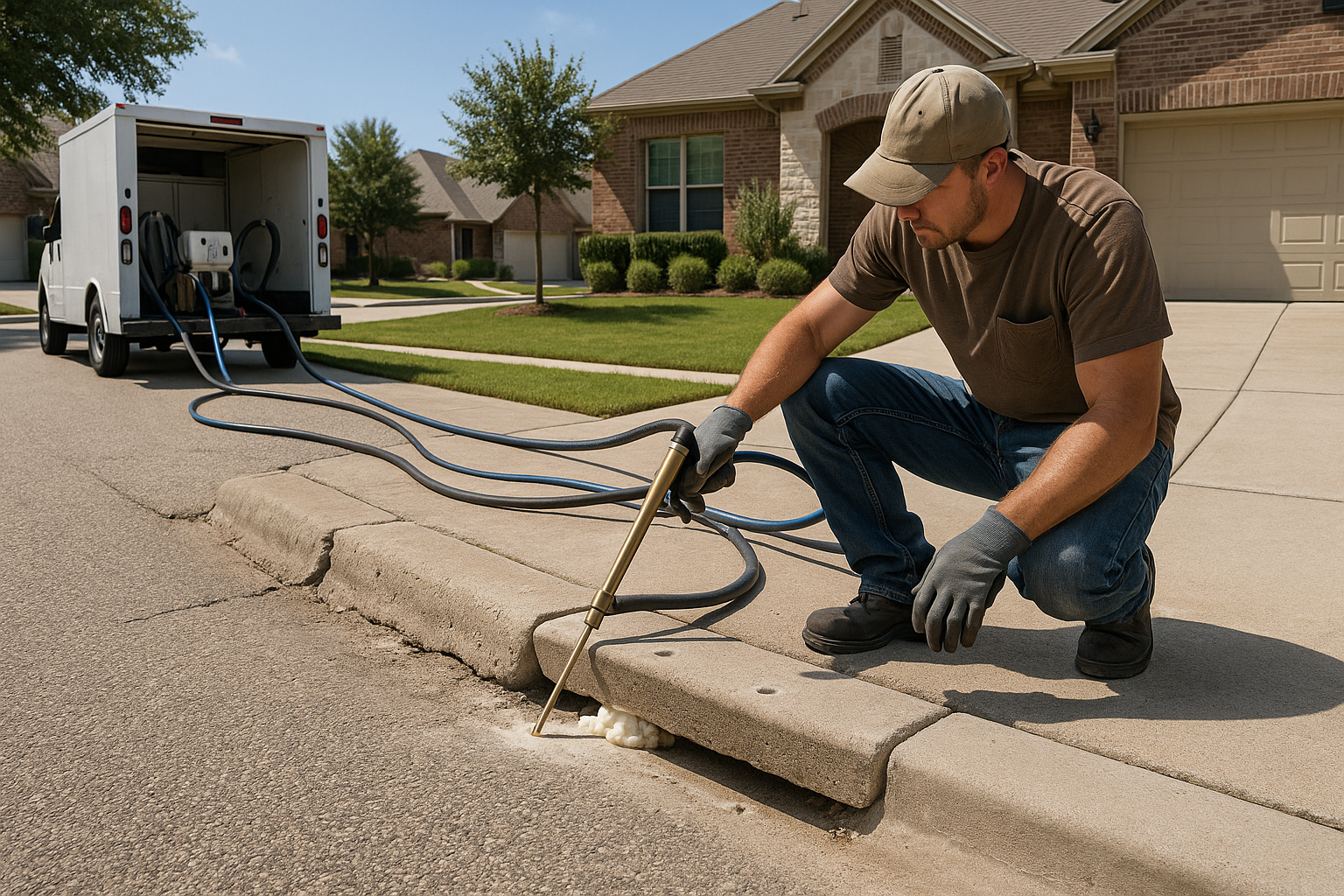 A realistic Texas residential street scene with a damaged concrete curb being repaired using polyurethane foam injection. Show a contractor lifting a sunken curb section with small drill holes, clean equipment, bright daylight, nearby sidewalk and driveway, subtle Texas suburban setting, before-and-after contrast, professional home service photography style.