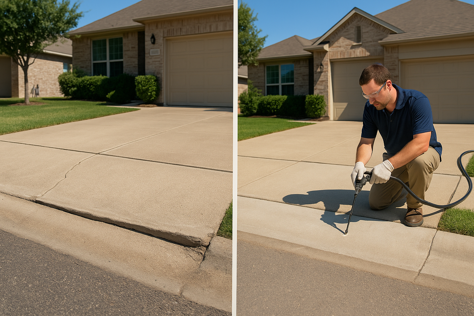 A realistic Texas residential street scene showing a cracked and sunken concrete driveway apron where the driveway meets the road, with one side settled lower and a visible gap near the joint. Include a contractor performing polyurethane foam lifting with minimal equipment, clean suburban home in the background, bright natural light, and a clear before-and-after style composition emphasizing safe, level concrete.