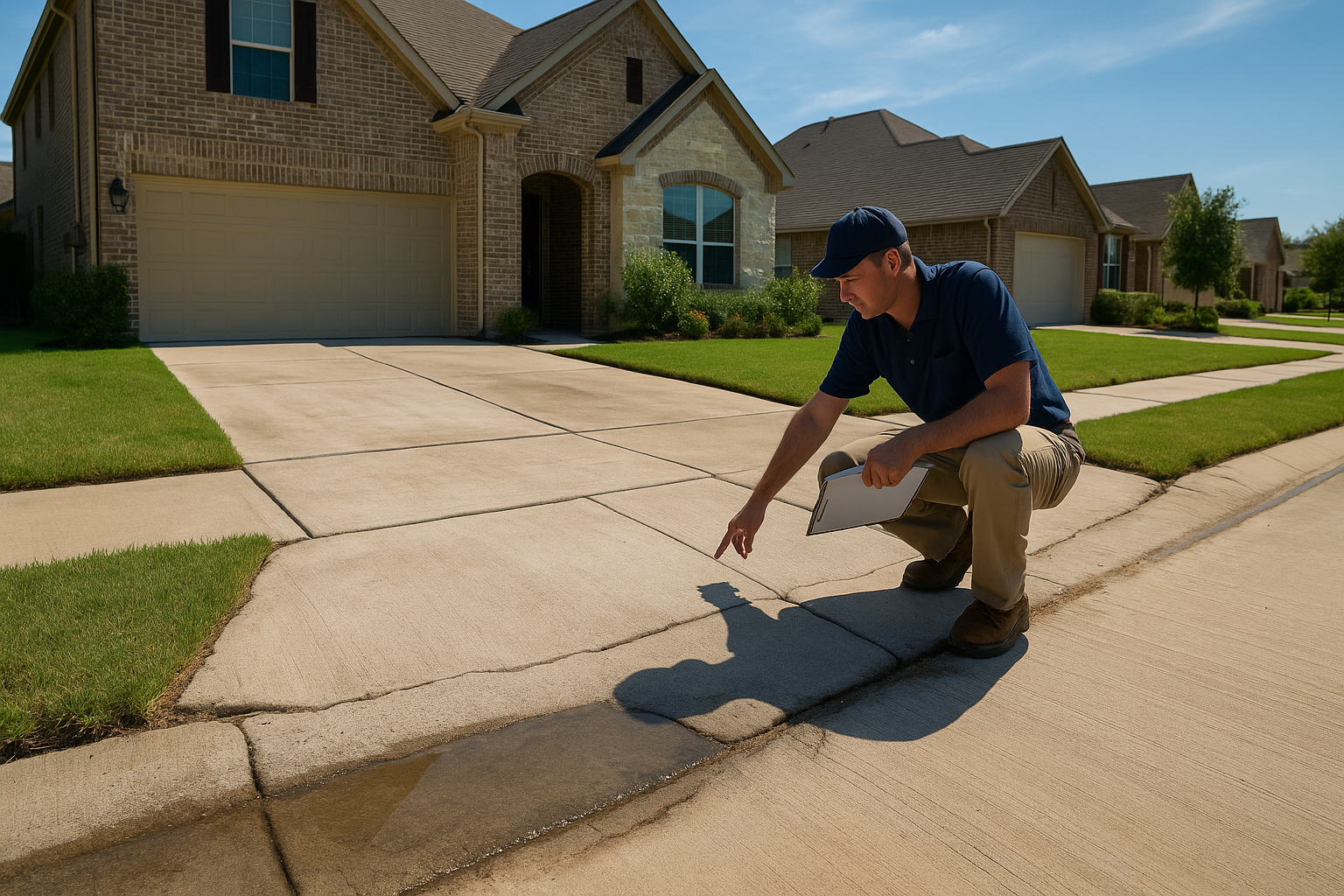 A realistic suburban Texas home with a concrete driveway showing visible water pooling near the garage, slight slab settlement, soil erosion along the edges, and a contractor inspecting the surface for polyurethane foam leveling repair. Bright daylight, clean residential setting, high-detail concrete texture, natural shadows, professional service aesthetic.