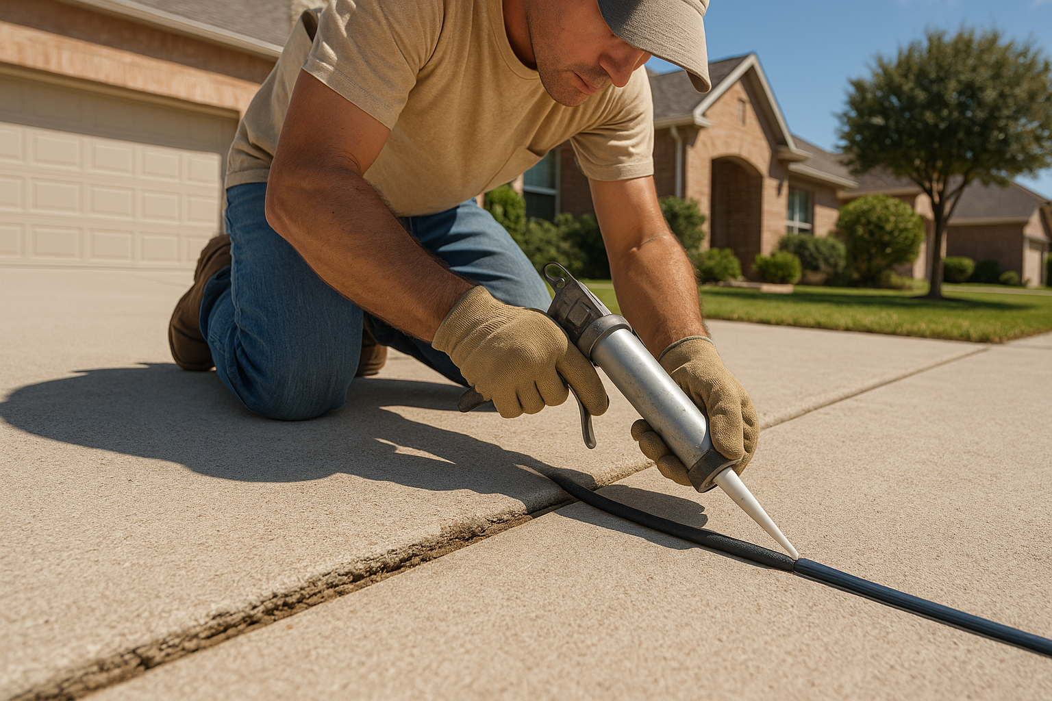 A high-resolution residential Texas driveway scene with a visible failing expansion joint between concrete slabs, one side beginning to settle slightly. Show a contractor replacing rotted joint material with clean black backer rod and fresh professional-grade silicone sealant. Include dry sunny lighting, suburban home background, realistic concrete texture, and a clear before-and-after style contrast emphasizing preventative driveway repair.