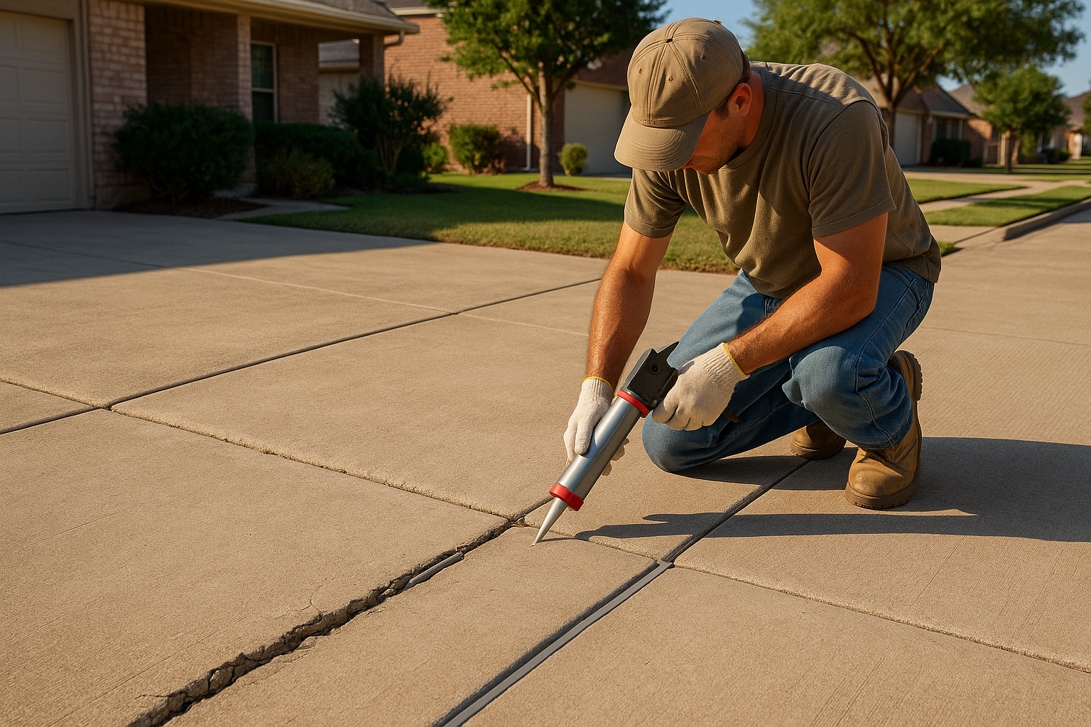 A realistic suburban Texas driveway with damaged and separated concrete expansion joints, visible cracking near the slab edges, and a contractor repairing the joints with backer rod and gray silicone sealant. Warm Texas sunlight, clean residential setting, detailed concrete texture, slight before-and-after contrast showing one side repaired and sealed.