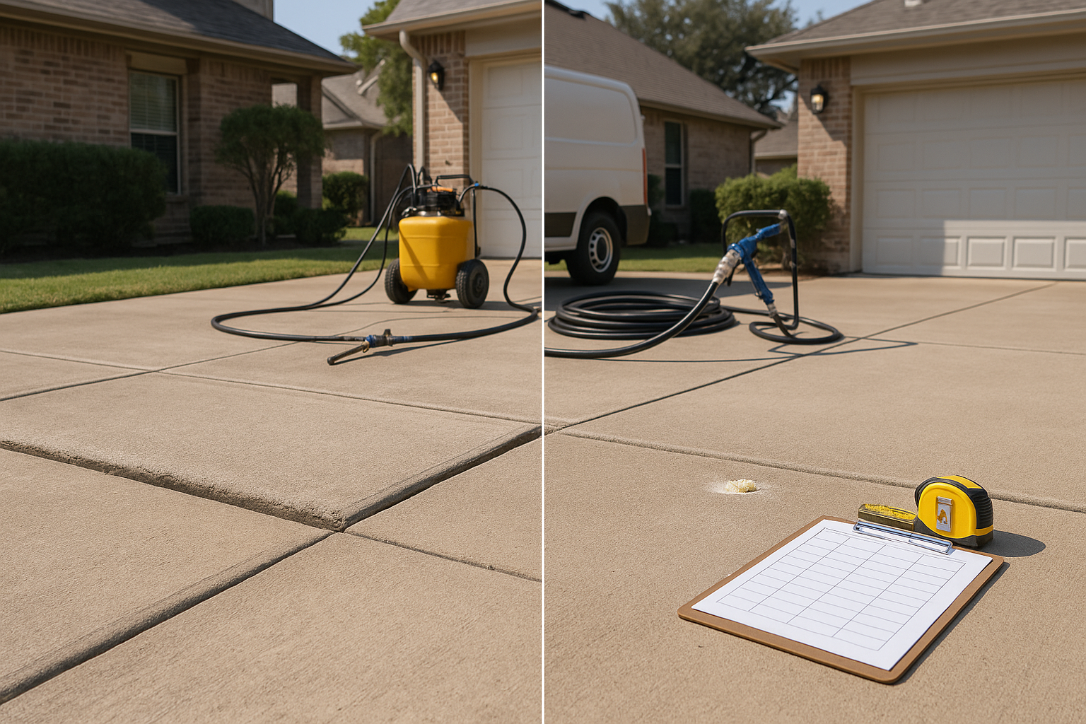 A realistic Texas suburban driveway with one sunken concrete slab being lifted by polyurethane foam injection, contractor equipment visible, clean residential setting, bright daylight, before-and-after split composition, subtle measuring tape and square foot pricing worksheet on a clipboard, professional and trustworthy tone.