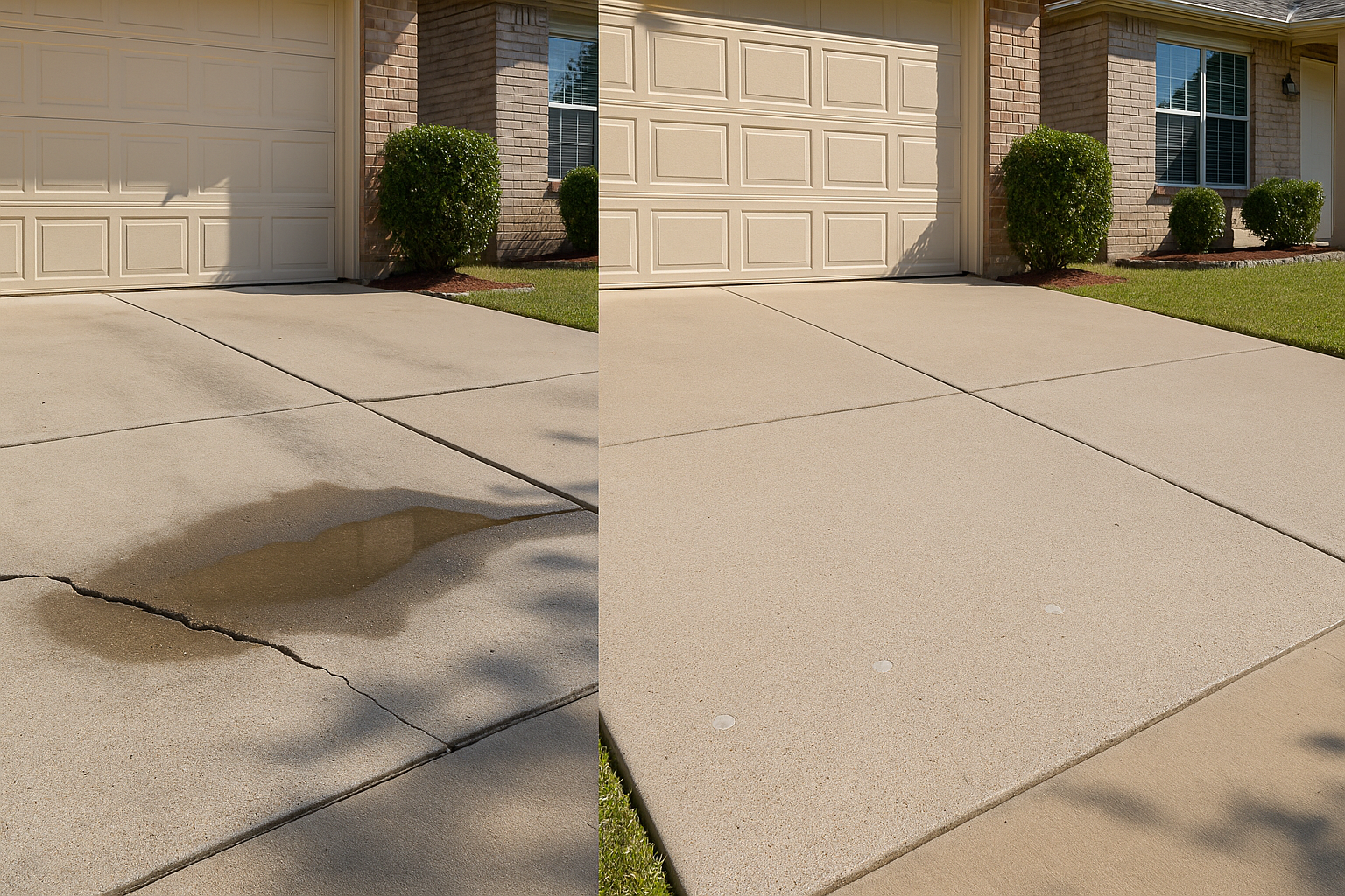 A realistic Texas residential concrete driveway shown in a side-by-side before and after composition. Before side shows a sunken driveway slab near the garage with visible uneven joints, minor cracking, and pooling water. After side shows the same driveway smoothly lifted and level, clean patched injection holes, dry surface, bright natural Texas sunlight, suburban home exterior, professional high-detail photo style.