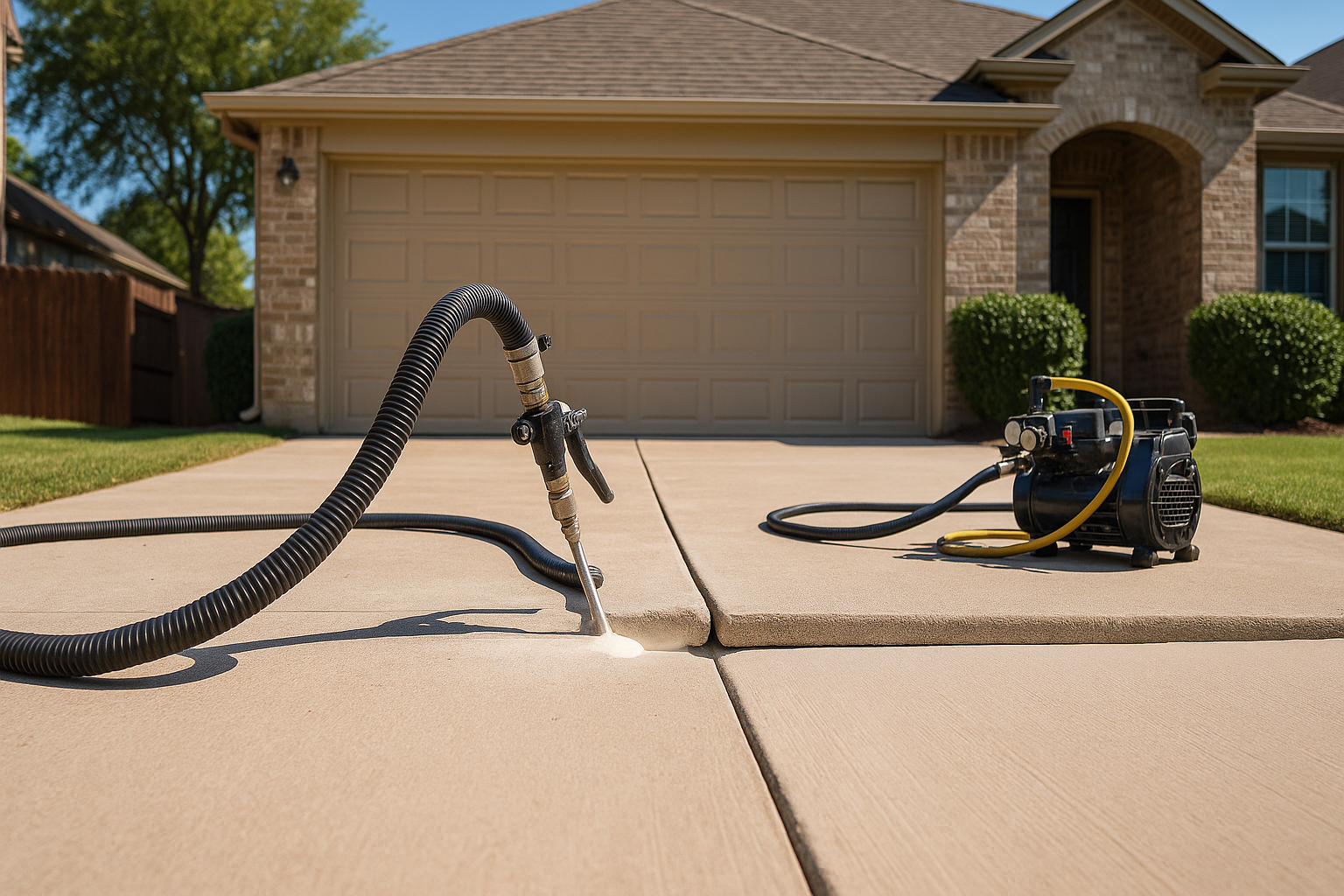 A realistic Texas residential driveway with one sunken concrete slab being lifted using polyurethane foam injection, technician equipment visible, clear before-and-after height difference, bright natural daylight, clean suburban home exterior, professional concrete repair scene.