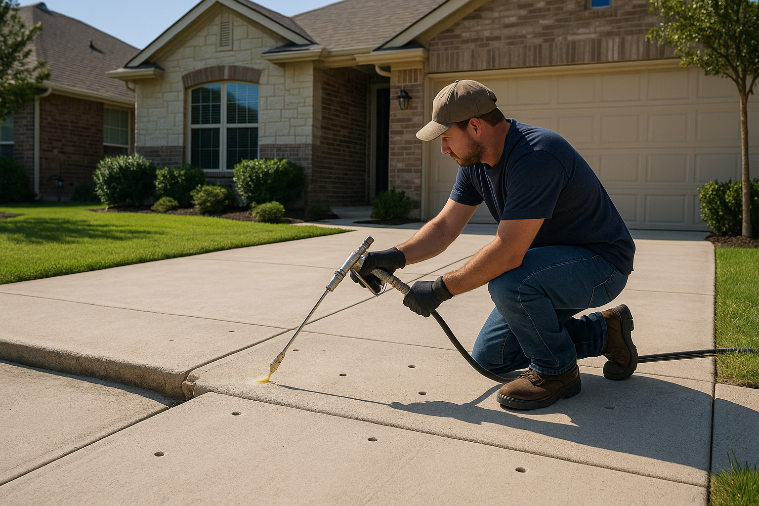 A realistic residential Texas driveway with one concrete slab visibly sunken lower than the adjacent section, a technician performing polyurethane foam lifting through small drilled holes, clean suburban home in the background, bright natural daylight, before-and-after visual contrast, professional repair scene, no demolition, high-detail, photorealistic.