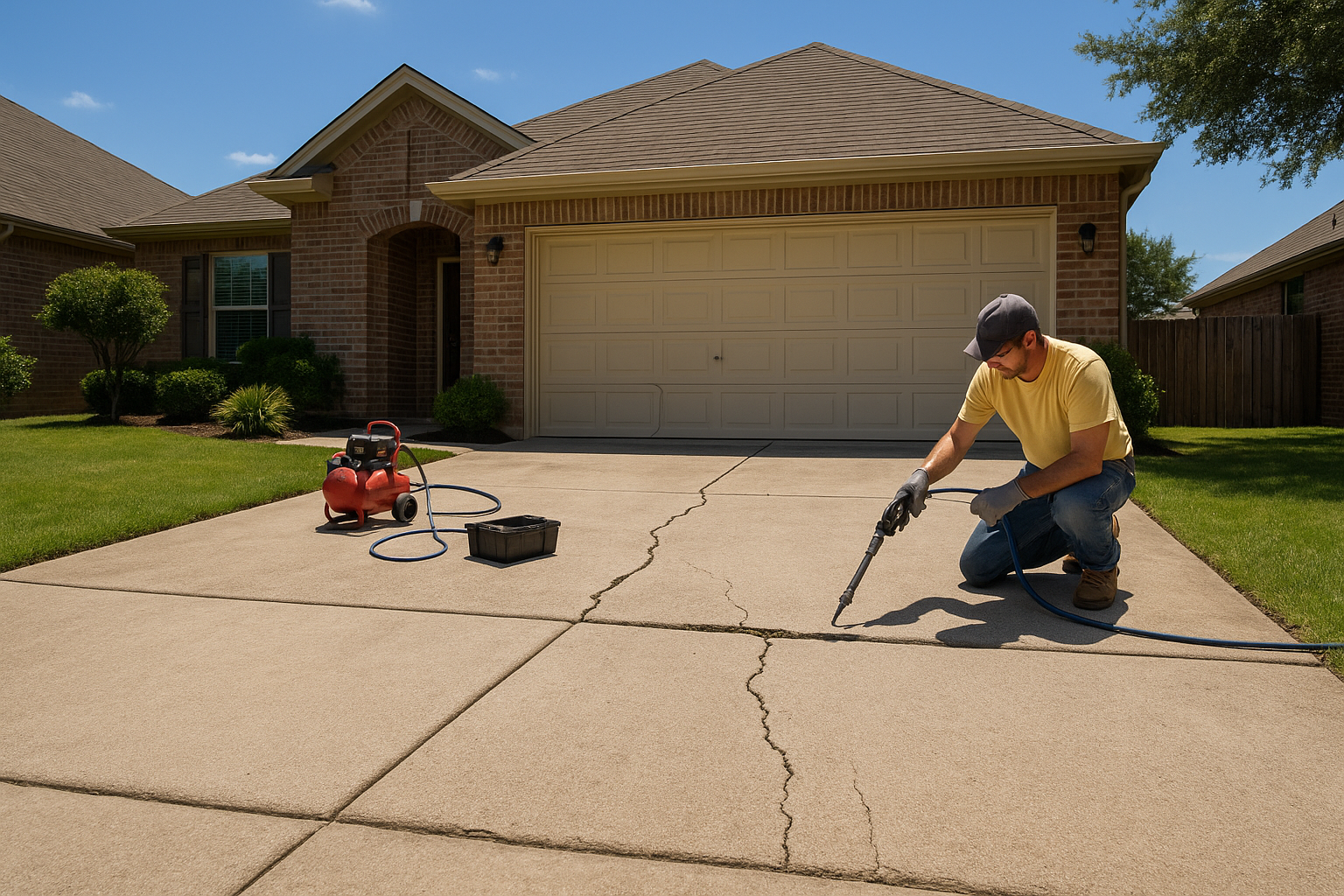 A realistic Texas residential concrete driveway with one slab cracked and slightly sunken near the garage, while a contractor performs polyurethane foam leveling through small drilled holes. Bright daylight, clean suburban home, visible repaired section, professional equipment, before-and-after contrast, high-detail photorealistic style.