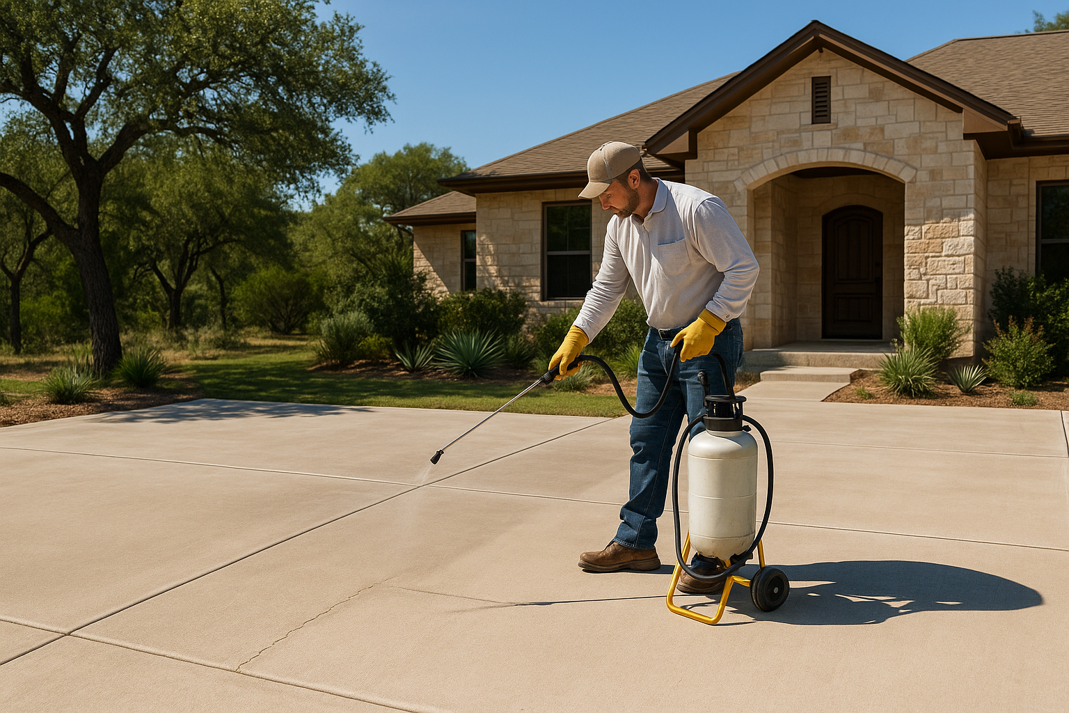 A realistic residential Texas driveway in bright sunlight with visible control joints and clean concrete surface, a contractor applying protective sealer with professional equipment, subtle signs of prior settlement repaired, suburban Hill Country home in the background, crisp shadows, high-detail, natural colors, marketing-style composition.