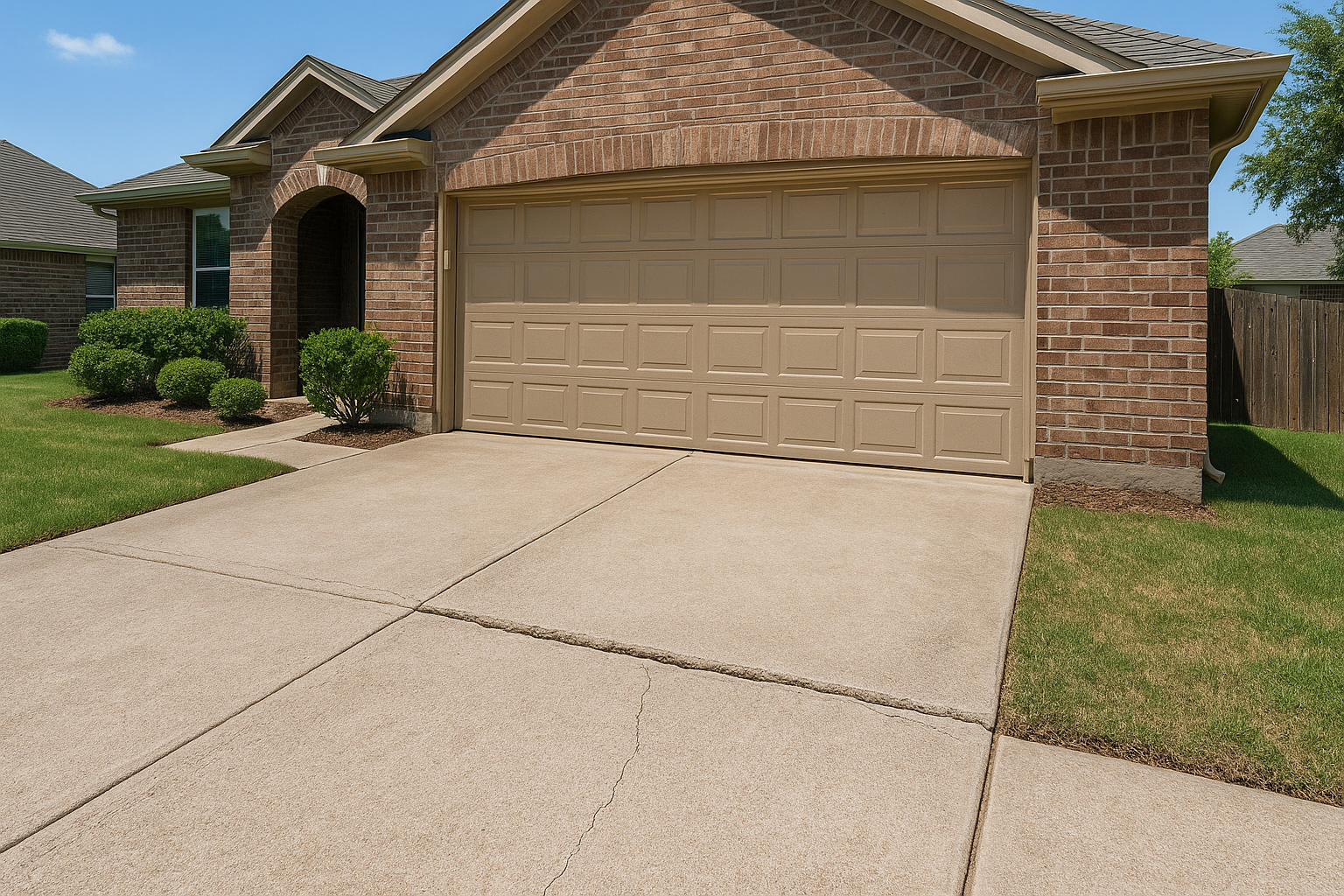 A realistic Texas suburban home with a visible gap and height difference where the concrete driveway meets the garage slab, showing early slab separation and cracking near the expansion joint. Bright daylight, clean residential setting, detailed concrete texture, subtle signs of soil movement, professional contractor-inspection look, wide-angle exterior shot.