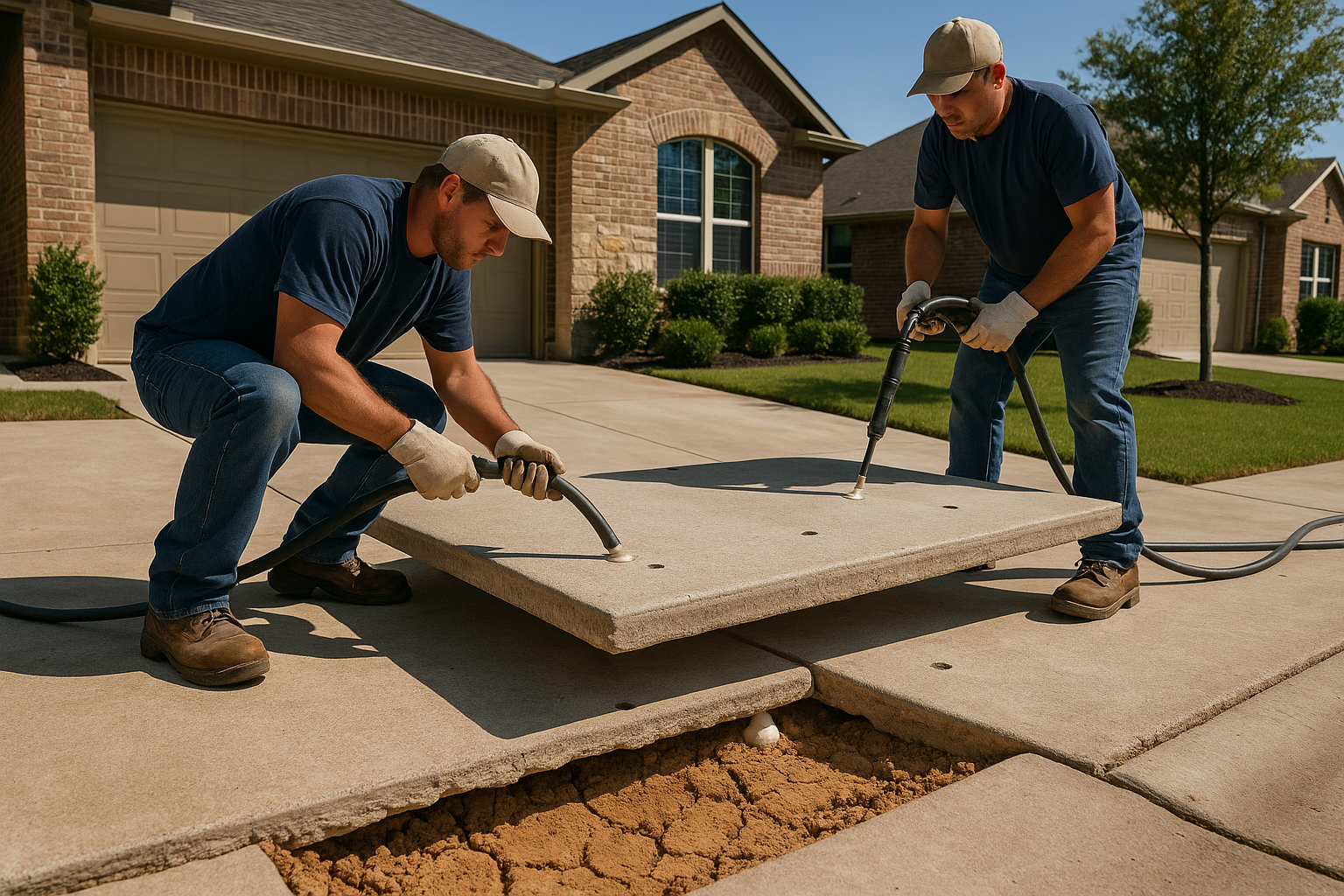 A realistic Texas suburban driveway with a visible gap and soil void beneath one concrete slab, crew performing polyurethane foam injection through small drilled holes, lifted slab aligning evenly with adjacent sections, dry clay soil, clean residential setting, bright natural light, professional construction photography style