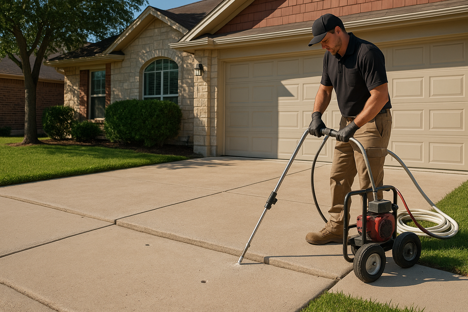A realistic Texas residential scene in Austin showing a slightly sunken concrete driveway slab being lifted with polyurethane foam injection. Include a technician using professional equipment, small drill holes in the slab, clean suburban home exterior, bright natural light, and visible before-and-after elevation difference. Emphasize neat, fast, non-invasive repair.