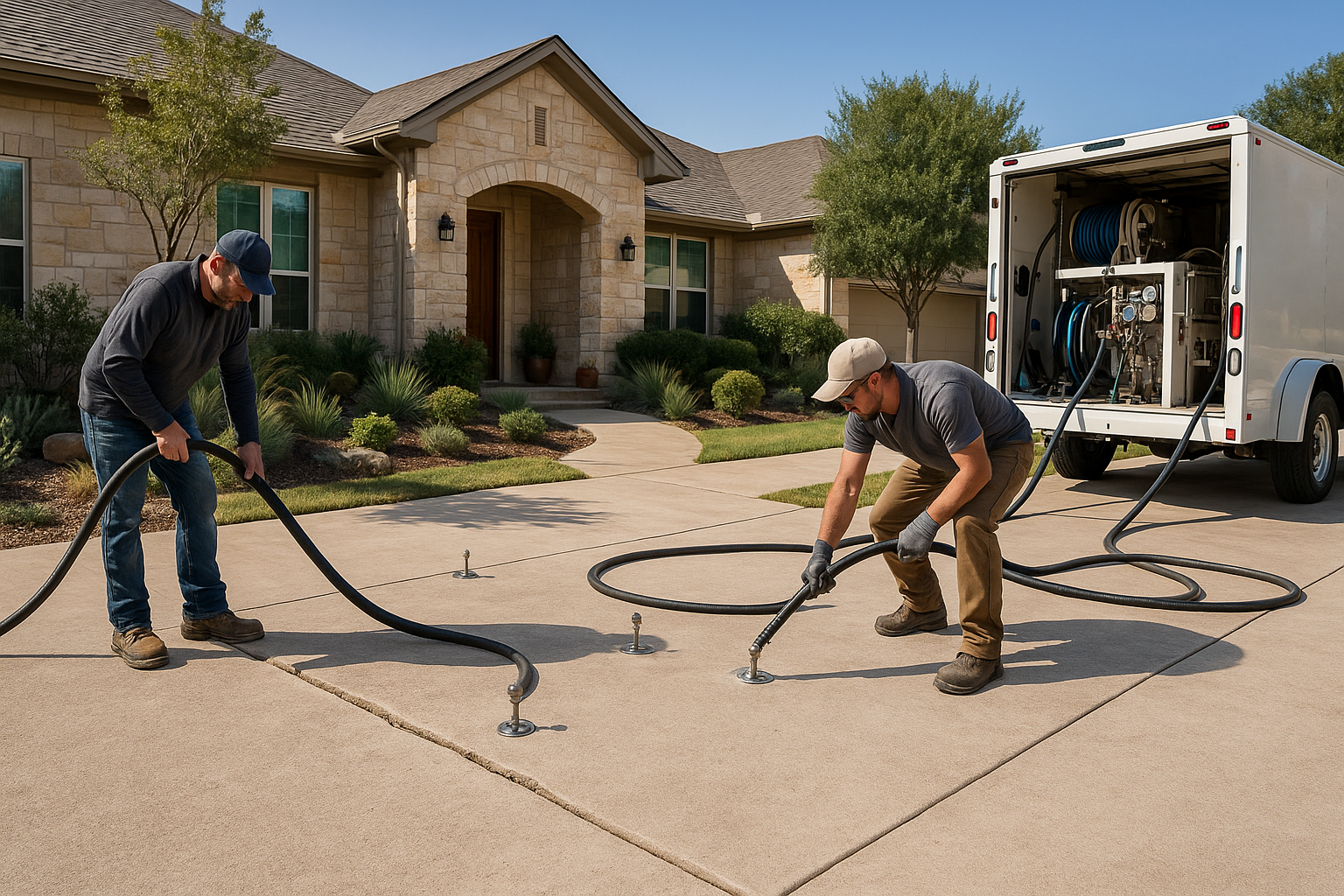 A realistic residential scene in Bee Cave, Texas showing a sunken concrete driveway being lifted with polyurethane foam injection by a professional crew. Include a suburban Hill Country home, clean equipment, visible slab separation before repair, and a smooth level surface after repair under bright Texas daylight.