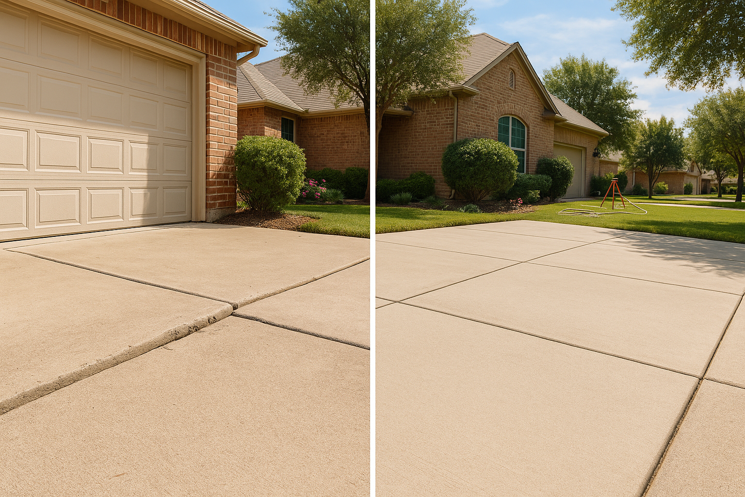 A realistic Texas residential concrete repair scene showing a split before-and-after view: on the left, a sunken driveway slab with visible uneven joints and trip hazard near a garage; on the right, the same driveway perfectly lifted and aligned after polyurethane foam leveling. Bright natural daylight, suburban Texas home, clean concrete surface, subtle contractor tools in background, professional and trustworthy look.