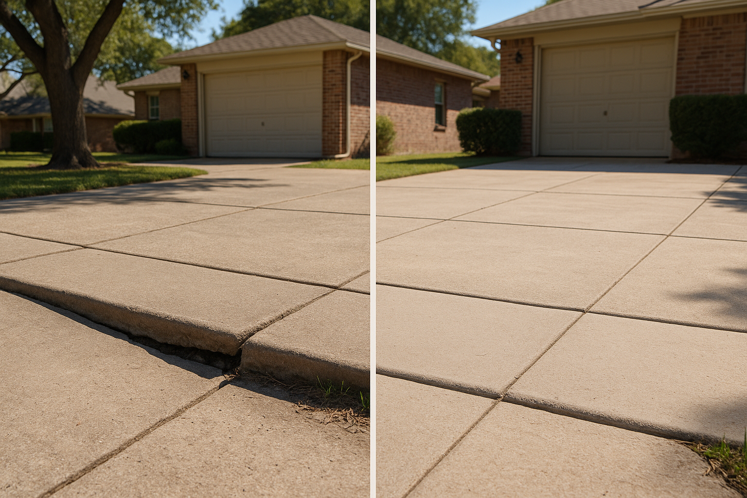 A realistic residential Texas driveway split-screen before-and-after scene. Left side shows a sunken, uneven concrete slab with a visible trip hazard, widened joint gaps, slight cracking, and dry Texas soil. Right side shows the same driveway after polyurethane foam leveling, lifted flush and even, clean joints, subtle patch marks from small injection holes, bright natural sunlight, suburban home in the background, professional, trustworthy, high-detail, photorealistic.