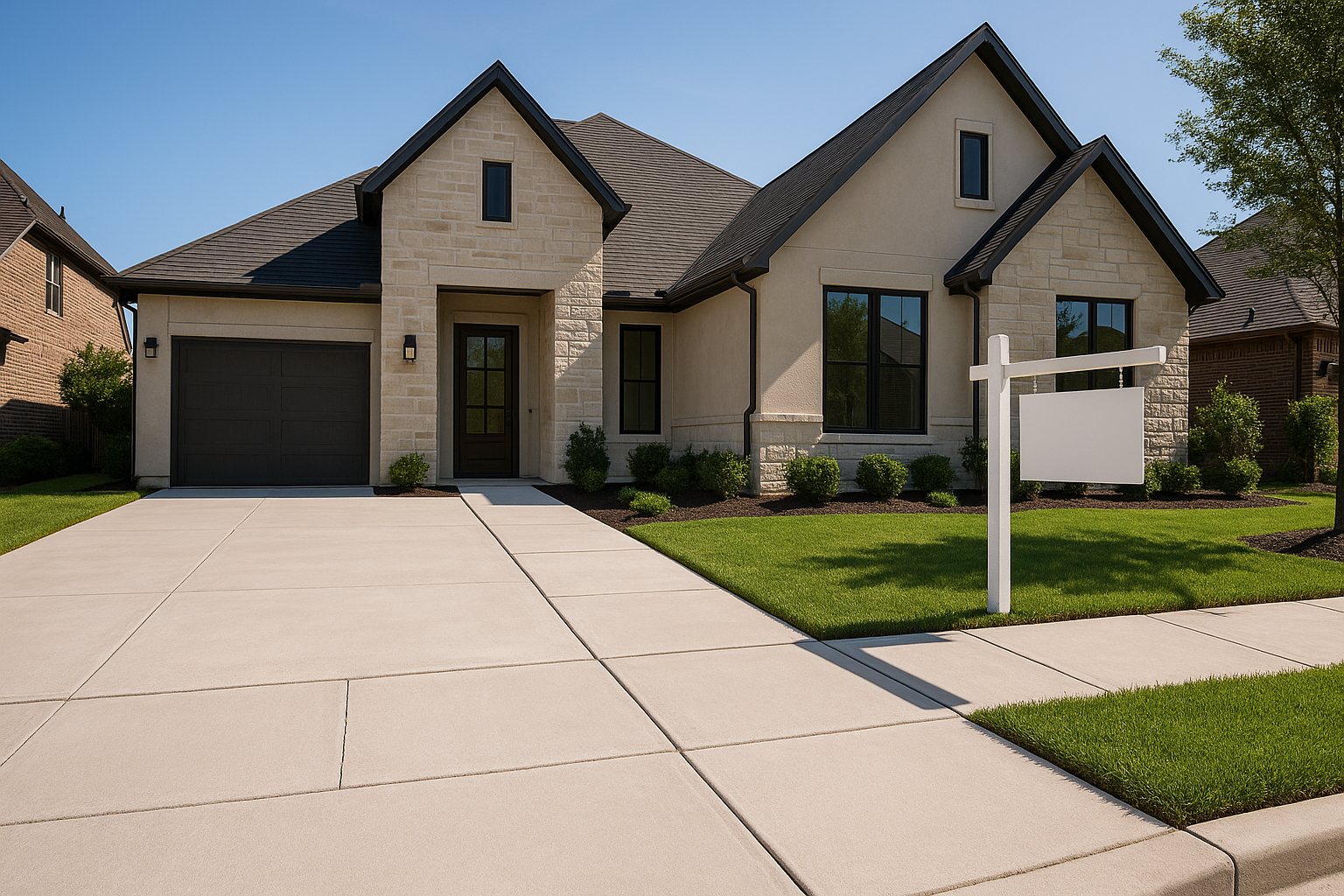 A high-end Texas home with a real estate sign in the front yard, featuring a freshly leveled concrete driveway and walkway. Show subtle before-and-after cues with one side previously sunken and now smooth and even. Bright natural light, clean curb appeal, modern suburban setting, realistic concrete texture, professional wide-angle exterior photography.