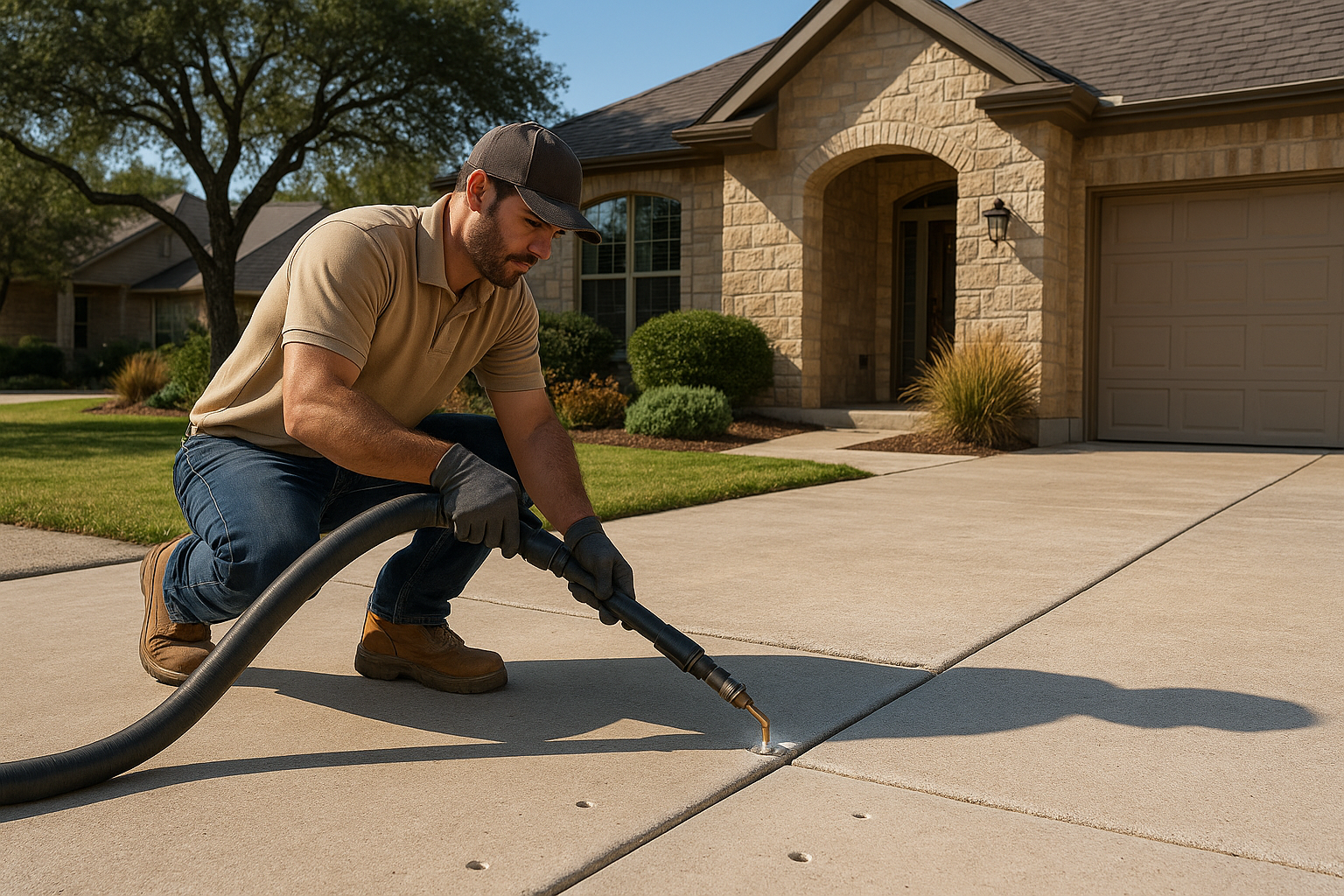A contractor performing polyurethane foam concrete leveling on a sunken driveway slab at a residential home in Bexar County, Texas.
