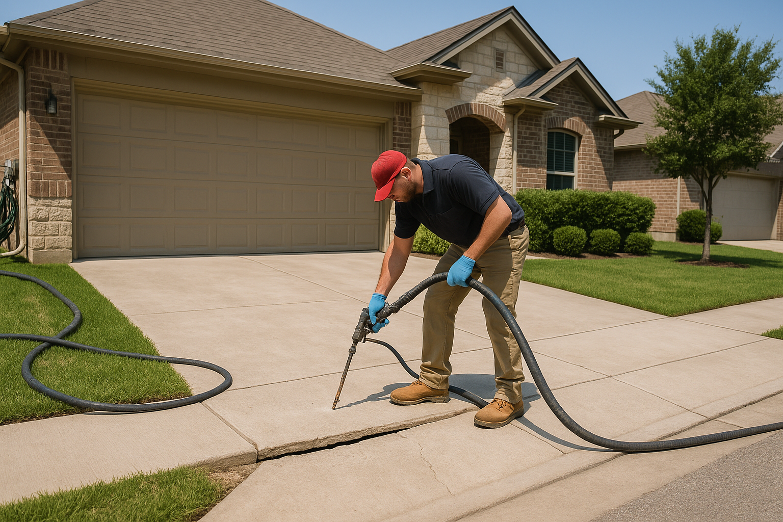 A realistic suburban Cedar Park, Texas home with a slightly sunken concrete driveway and sidewalk being lifted by a contractor using polyurethane foam injection equipment. Clean residential setting, bright Texas daylight, visible slab separation before repair, professional crew, no demolition, neat and modern look.