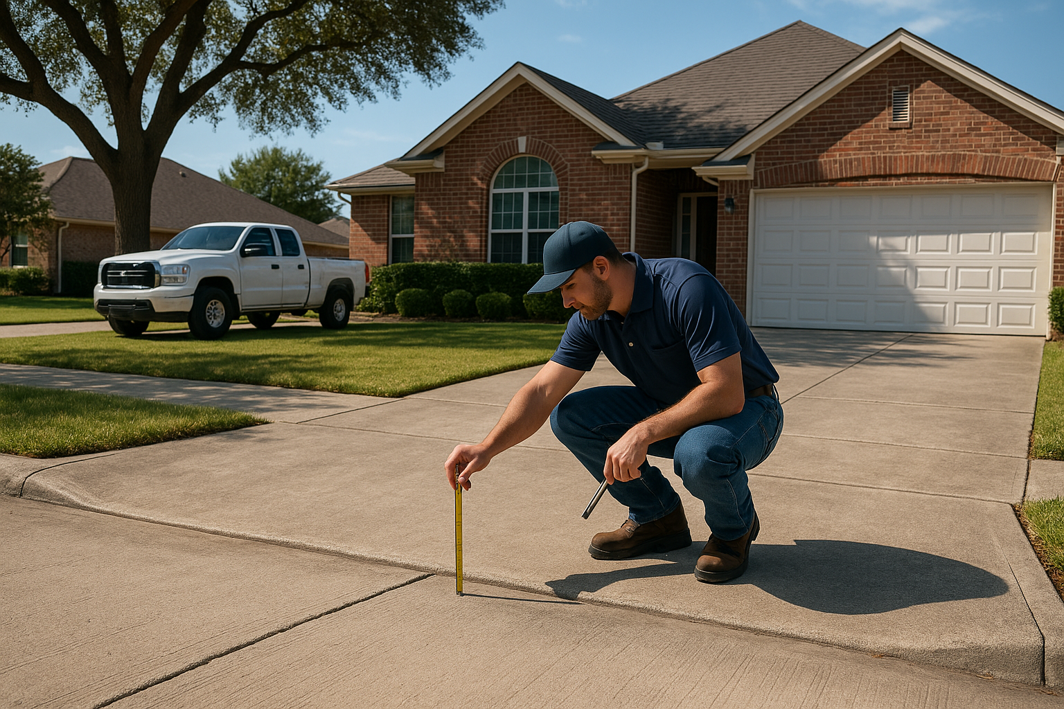 A professional Texas residential property with a contractor inspecting a sunken concrete driveway and sidewalk, measuring slab settlement, clean suburban home, bright natural light, realistic concrete texture, service truck in the background, trustworthy home service branding style, wide-angle composition, photorealistic