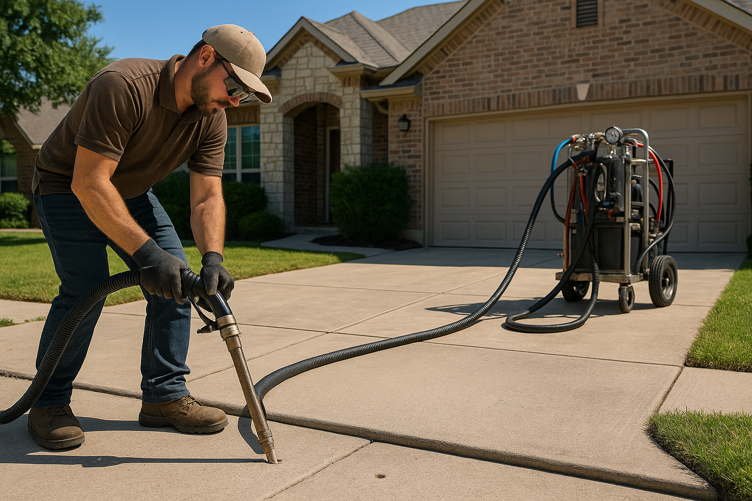 A professional concrete leveling contractor in Texas using polyurethane foam injection to lift a sunken residential driveway slab, clean jobsite, drill holes visible, before-and-after elevation difference, bright natural light, suburban Texas home in background, realistic and high-detail