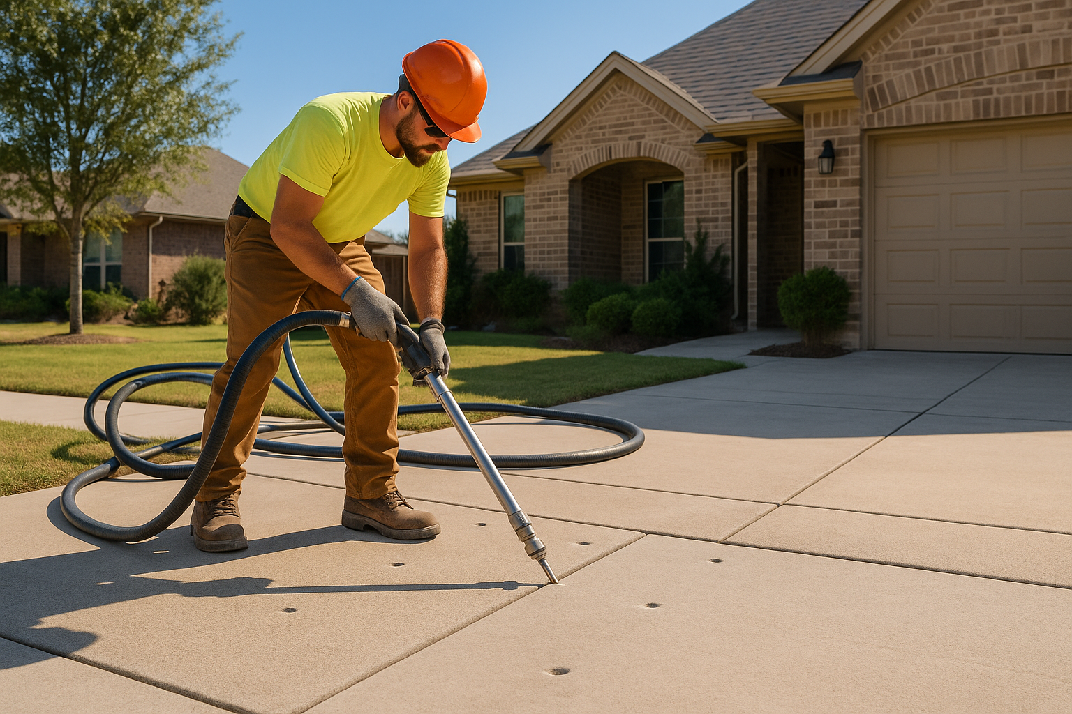A realistic residential Texas driveway with one section slightly sunken while a professional concrete leveling contractor injects polyurethane foam through small drilled holes. Show clean equipment, no demolition, bright Texas sunlight, suburban home setting, and a before-and-after effect highlighting lifted concrete.