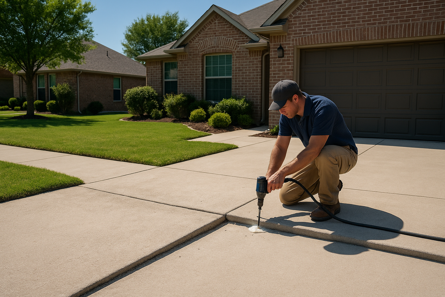 A realistic residential Dallas, Texas driveway with one sunken concrete slab being lifted level by polyurethane foam injection, showing a contractor drilling small holes and the slab rising evenly. Include a suburban North Texas home, clean concrete texture, bright Texas sunlight, and a professional repair scene with before-and-after contrast.