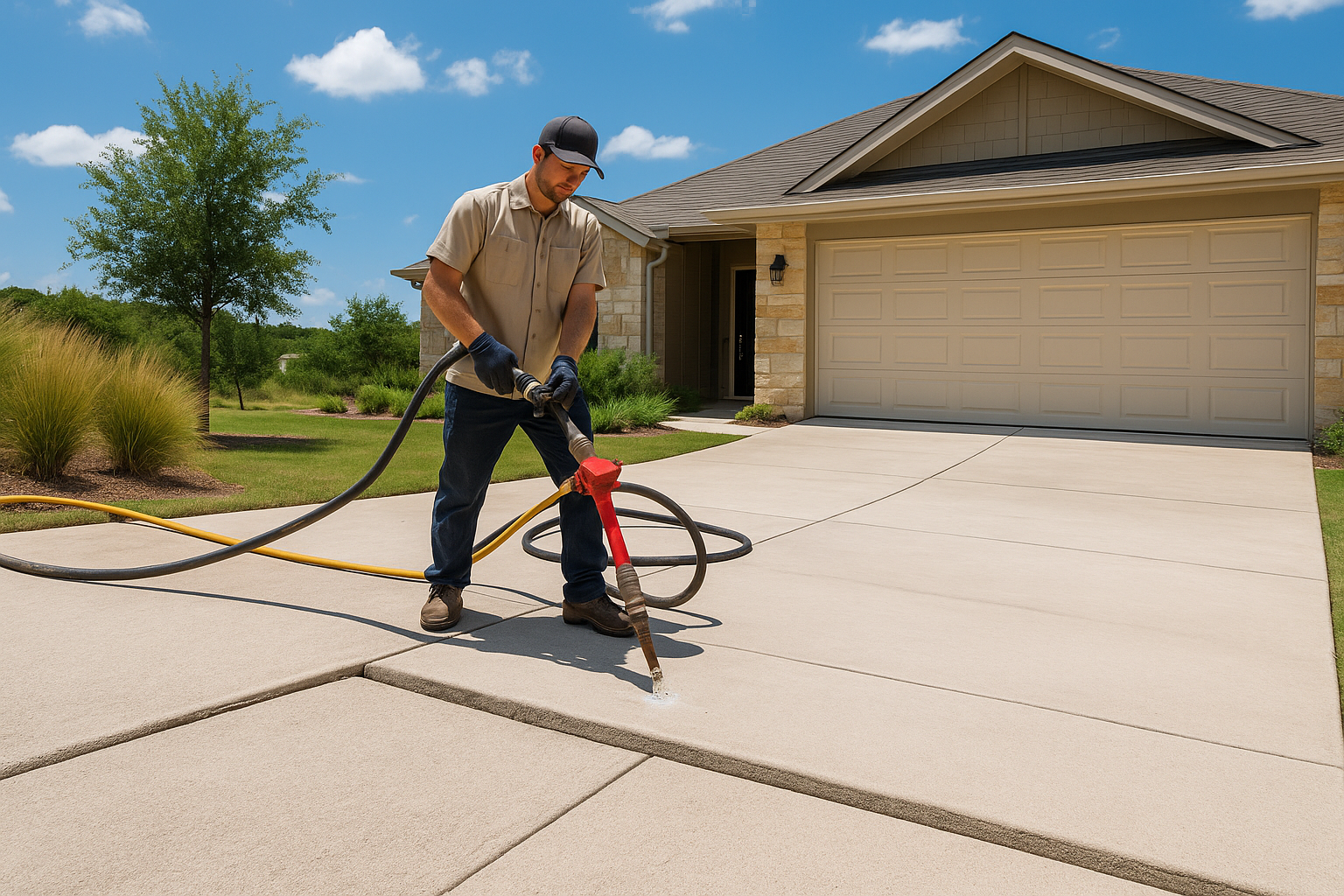 A bright residential scene in Dripping Springs, Texas showing a sunken concrete driveway slab being lifted with polyurethane foam injection. Include a technician in a branded work shirt using professional equipment, a clean suburban home with Hill Country landscaping, visible control joints, and a before-and-after style composition that highlights the leveled concrete surface. Photorealistic, midday lighting, wide angle.