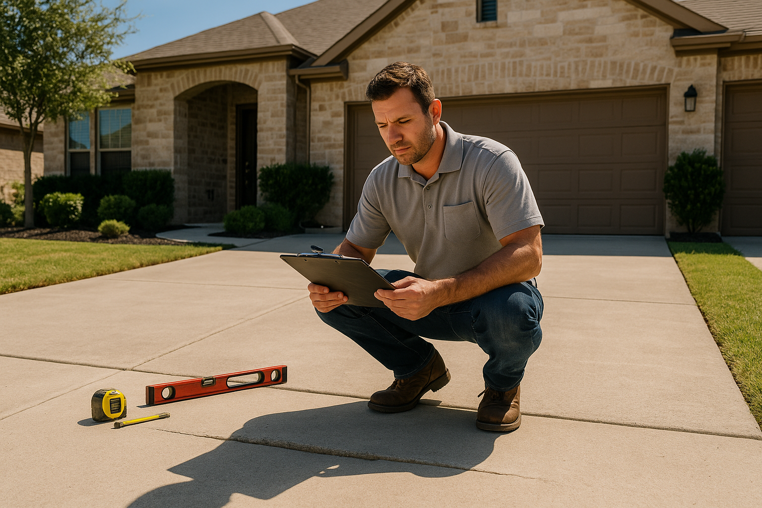 A Texas residential driveway with one visibly sunken concrete slab being inspected by a contractor in a branded work shirt, clipboard in hand. Show a clean suburban home, subtle measuring tools, and a professional on-site estimate scene in bright natural light. Emphasize uneven concrete, homeowner consultation, and a modern foam leveling service vibe.