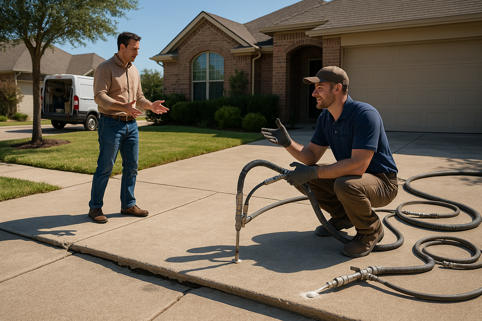 A realistic Texas suburban driveway with one sunken concrete slab being lifted by polyurethane foam injection equipment, a contractor explaining financing options to a homeowner, bright natural light, clean residential setting, visible uneven slab before repair, professional truck and tools in background, high-detail photorealistic style.