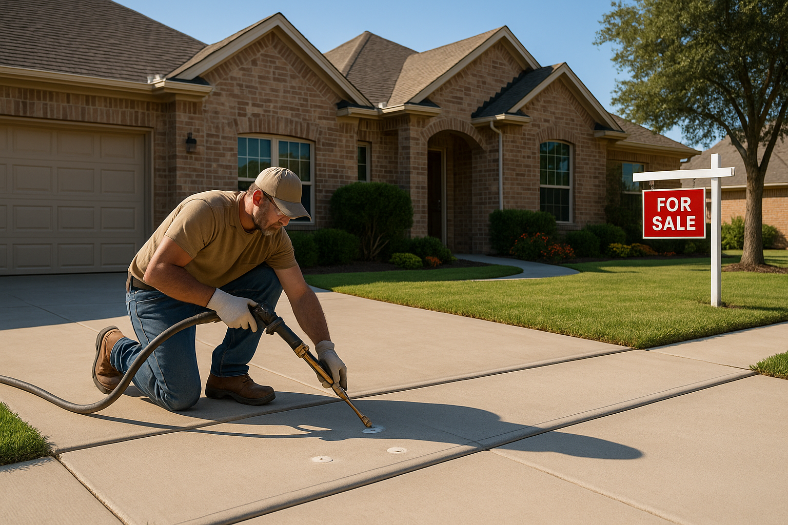 A bright Texas suburban home with a real estate sign in the front yard, showing a contractor performing polyurethane foam concrete leveling on a slightly sunken driveway and sidewalk. Clean, professional scene with lifted, even concrete, strong curb appeal, warm natural light, and no demolition debris.