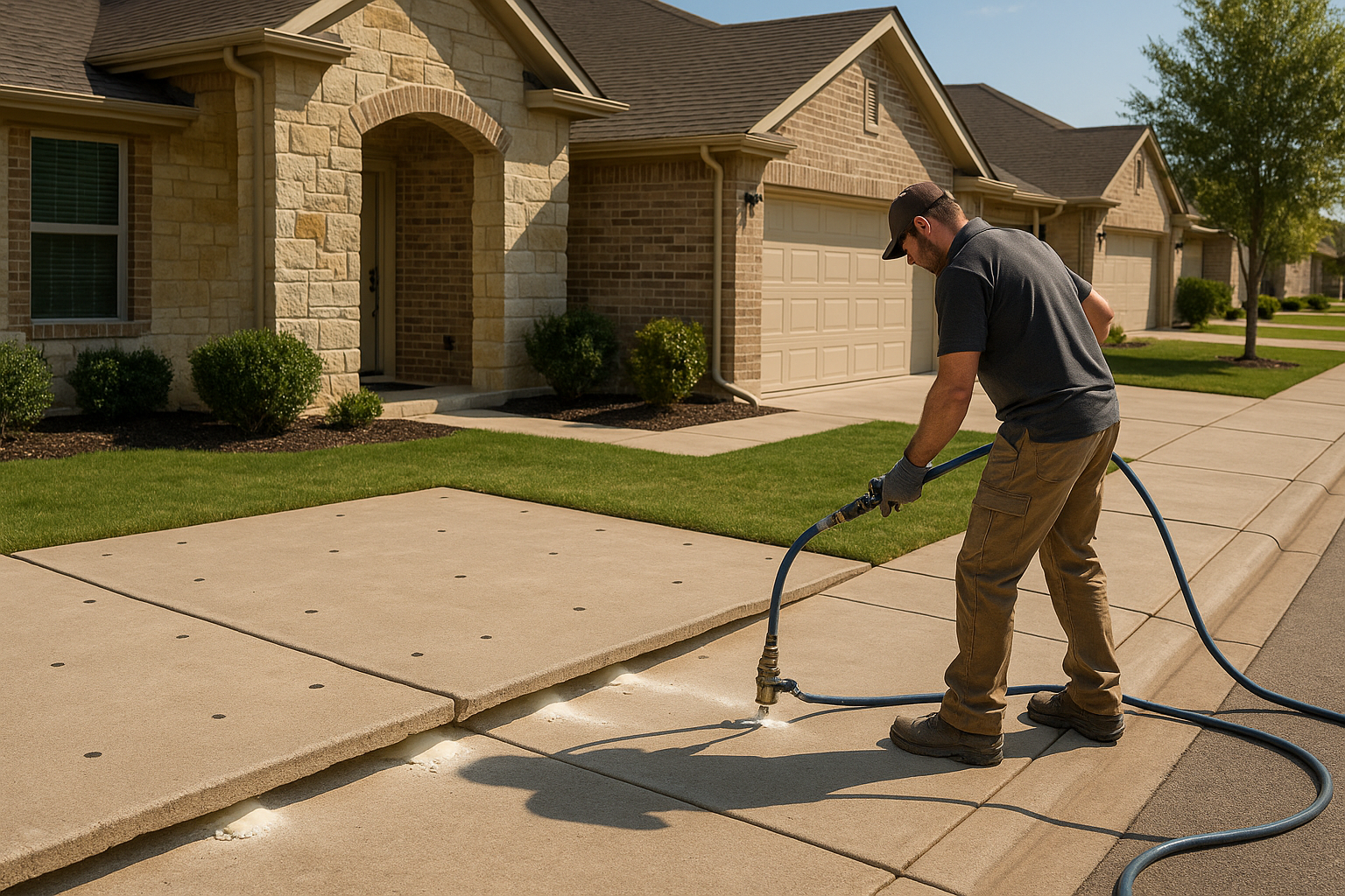 A bright, realistic suburban home in Georgetown, Texas with a visibly sunken concrete driveway slab being lifted by polyurethane foam injection. Show a contractor using professional equipment with small drill holes in the concrete, clean jobsite conditions, and neighboring slabs aligned evenly after repair. Include warm Central Texas light, tidy landscaping, and a clear before-and-after contrast emphasizing fast, non-invasive concrete leveling.