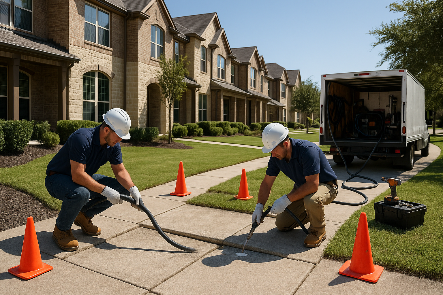 A clean, upscale Texas HOA neighborhood with sunken sidewalk panels and uneven shared concrete walkways being lifted by a contractor using polyurethane foam injection equipment; include townhomes, landscaped common areas, safety cones, and a professional crew; bright natural light, realistic, high-detail, trustworthy service aesthetic.