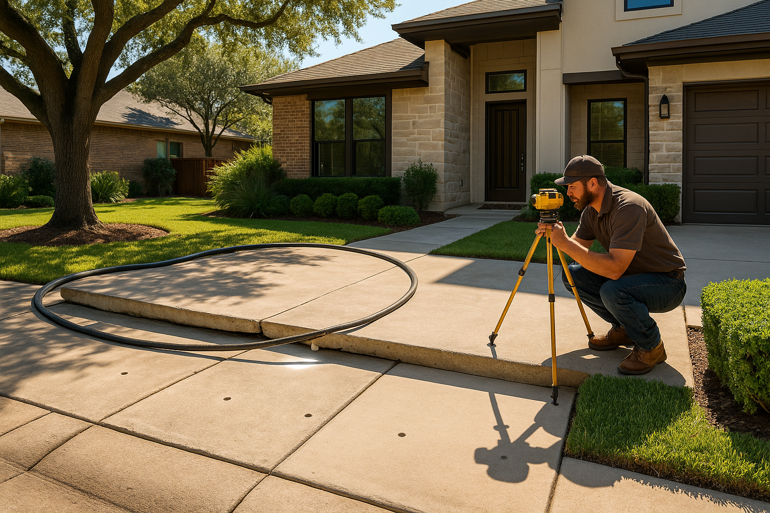A bright, realistic suburban Houston home with a visibly sunken concrete driveway slab being lifted by polyurethane foam injection. Show a contractor in branded workwear using precise equipment, small drill holes in the slab, clean jobsite, warm Texas sunlight, modern house exterior, and a before-and-after contrast emphasizing level concrete and curb appeal.