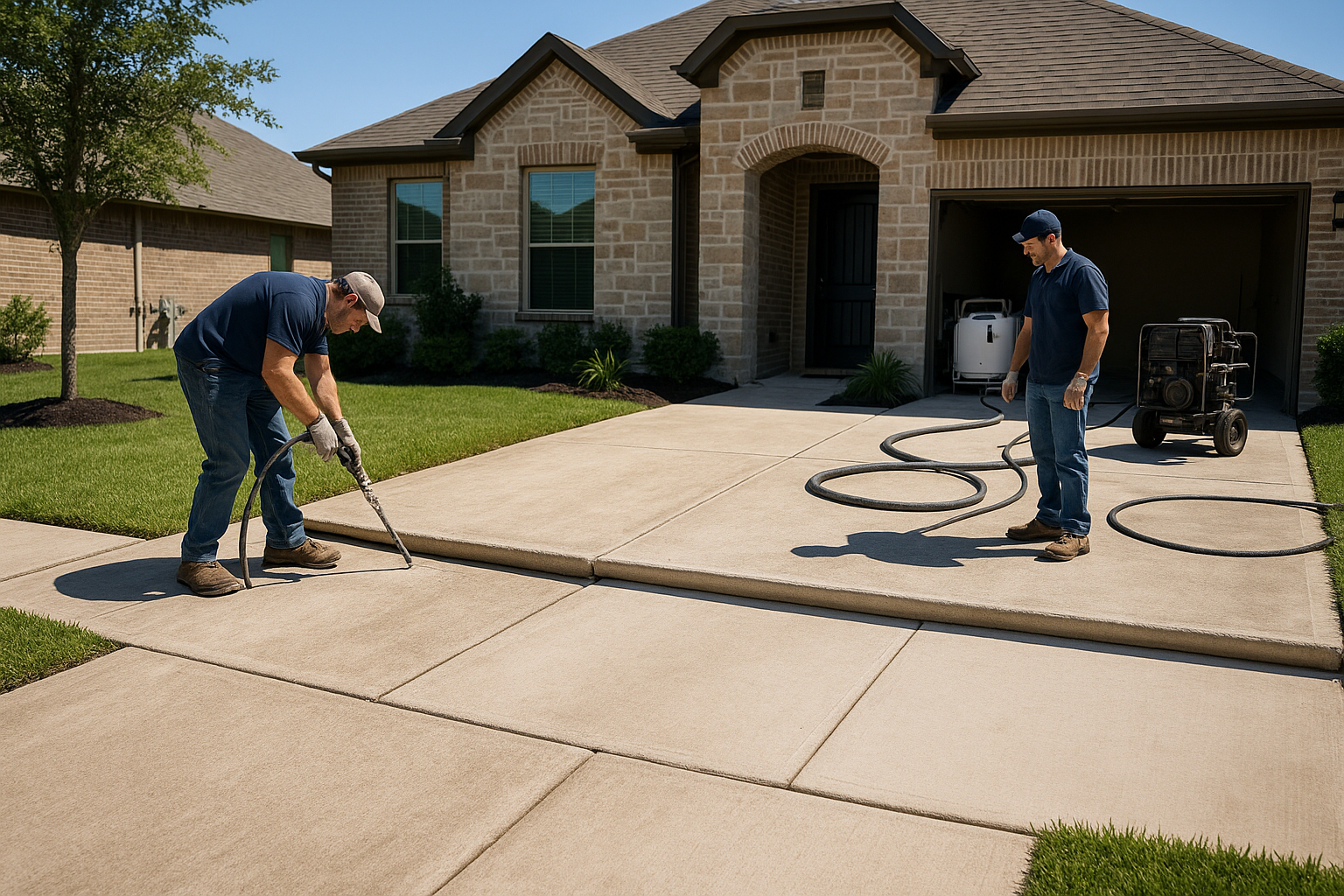 A realistic suburban home in Katy, Texas with a visibly sunken concrete driveway being lifted with polyurethane foam injection by a professional crew, clean equipment, bright Texas daylight, before-and-after contrast, modern residential neighborhood, high-detail, photorealistic.