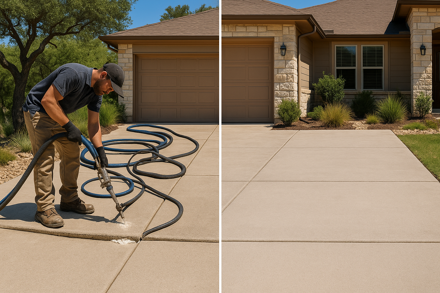 A realistic residential scene in Lago Vista, Texas showing a slightly sunken concrete driveway being lifted with polyurethane foam injection. Include a technician using professional equipment, clean suburban Hill Country surroundings, bright Texas daylight, visible concrete seams, and a before-and-after style composition that highlights smooth, level concrete.