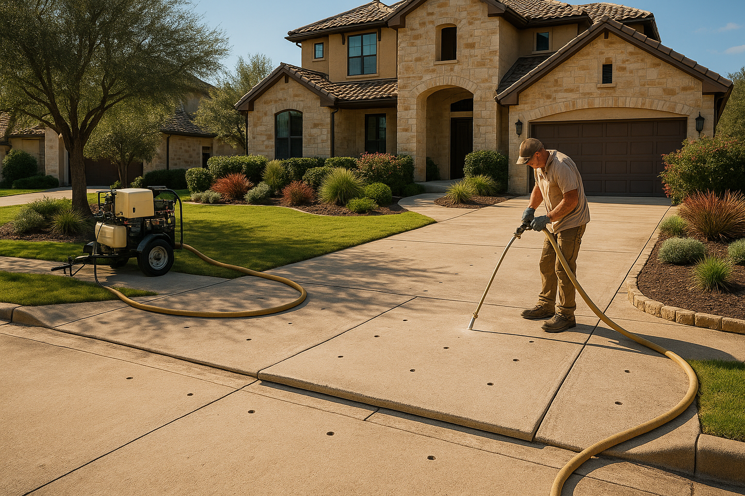 A realistic Texas Hill Country residential scene in Lakeway, TX showing a contractor performing polyurethane foam concrete leveling on a sunken driveway slab beside a landscaped home. Include visible small drill holes, lifted concrete panels, clean equipment setup, bright natural light, upscale suburban setting, and a professional repair-in-progress look.