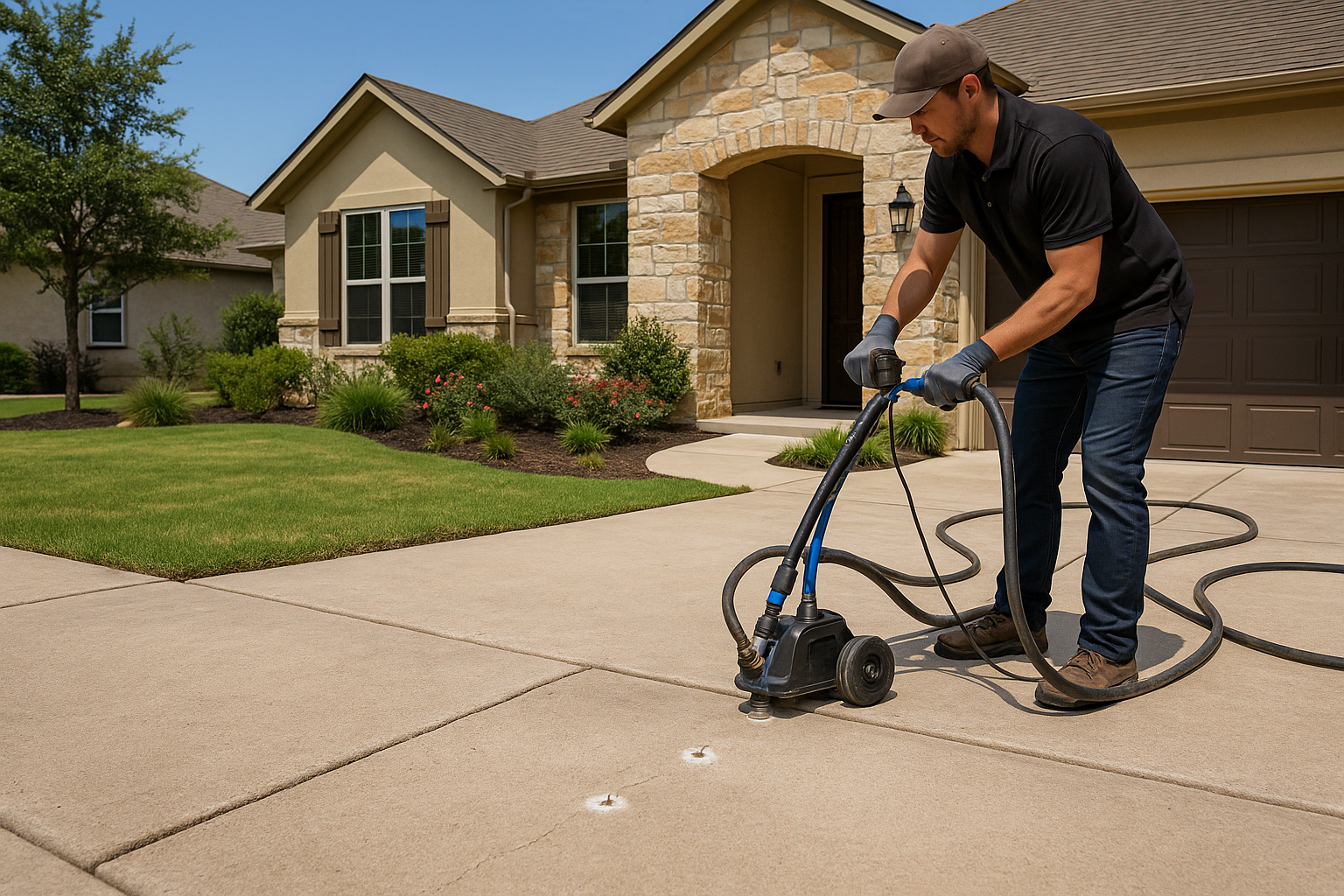 A residential driveway in Leander, Texas being lifted with polyurethane foam injection, showing improved slab alignment in a suburban Hill Country setting.