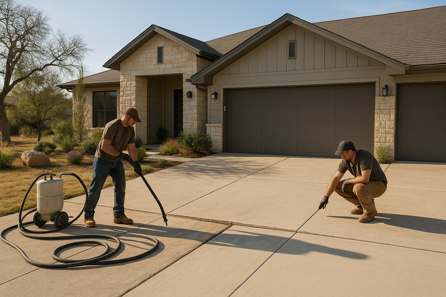 A realistic residential scene in Marble Falls, Texas showing a slightly sunken concrete driveway slab being lifted with polyurethane foam injection by a professional crew. Include Texas Hill Country surroundings, warm sunlight, clean modern home exterior, visible leveling equipment, and a before-and-after effect in the concrete surface. Style should be photorealistic, trustworthy, and service-business appropriate.