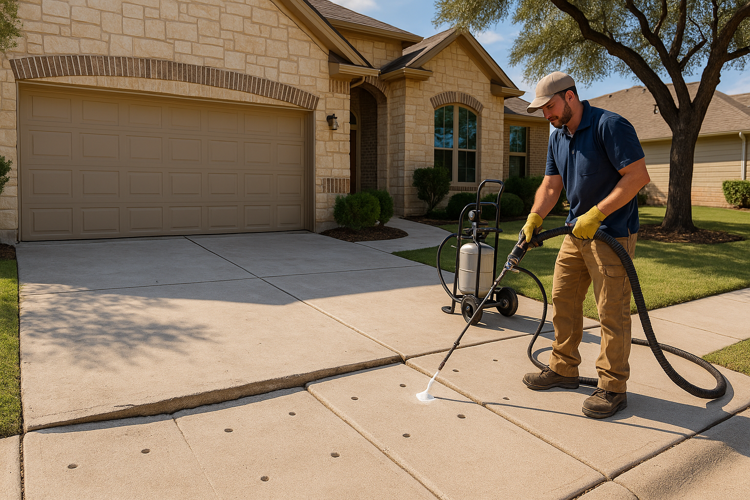A realistic residential Texas home exterior with a sunken concrete driveway slab being lifted by polyurethane foam injection. Show a contractor using professional equipment, small drill holes in the slab, and the concrete becoming level again. Bright daylight, clean suburban setting, subtle Hill Country landscaping, and a clear before-and-after visual that emphasizes fast, non-invasive concrete leveling.