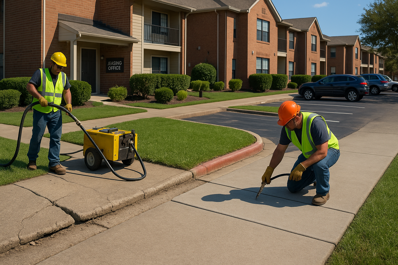 A professional Texas apartment or retail property exterior with a concrete leveling crew lifting a sunken sidewalk using polyurethane foam injection. Show uneven concrete before repair on one side and a smooth, safe walking surface after repair on the other. Include subtle property management context like leasing office signage, clean landscaping, and bright Texas daylight.