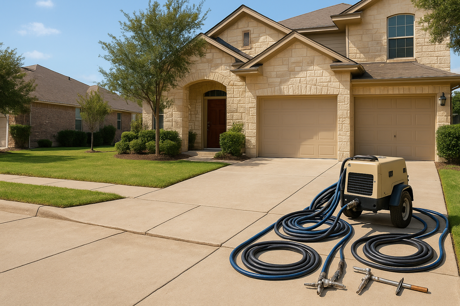 A realistic Texas suburban home in Round Rock with a visibly sunken concrete driveway slab being lifted by polyurethane foam injection, contractor equipment neatly set up, bright daylight, clean residential neighborhood, before-and-after effect visible, professional and trustworthy service aesthetic.