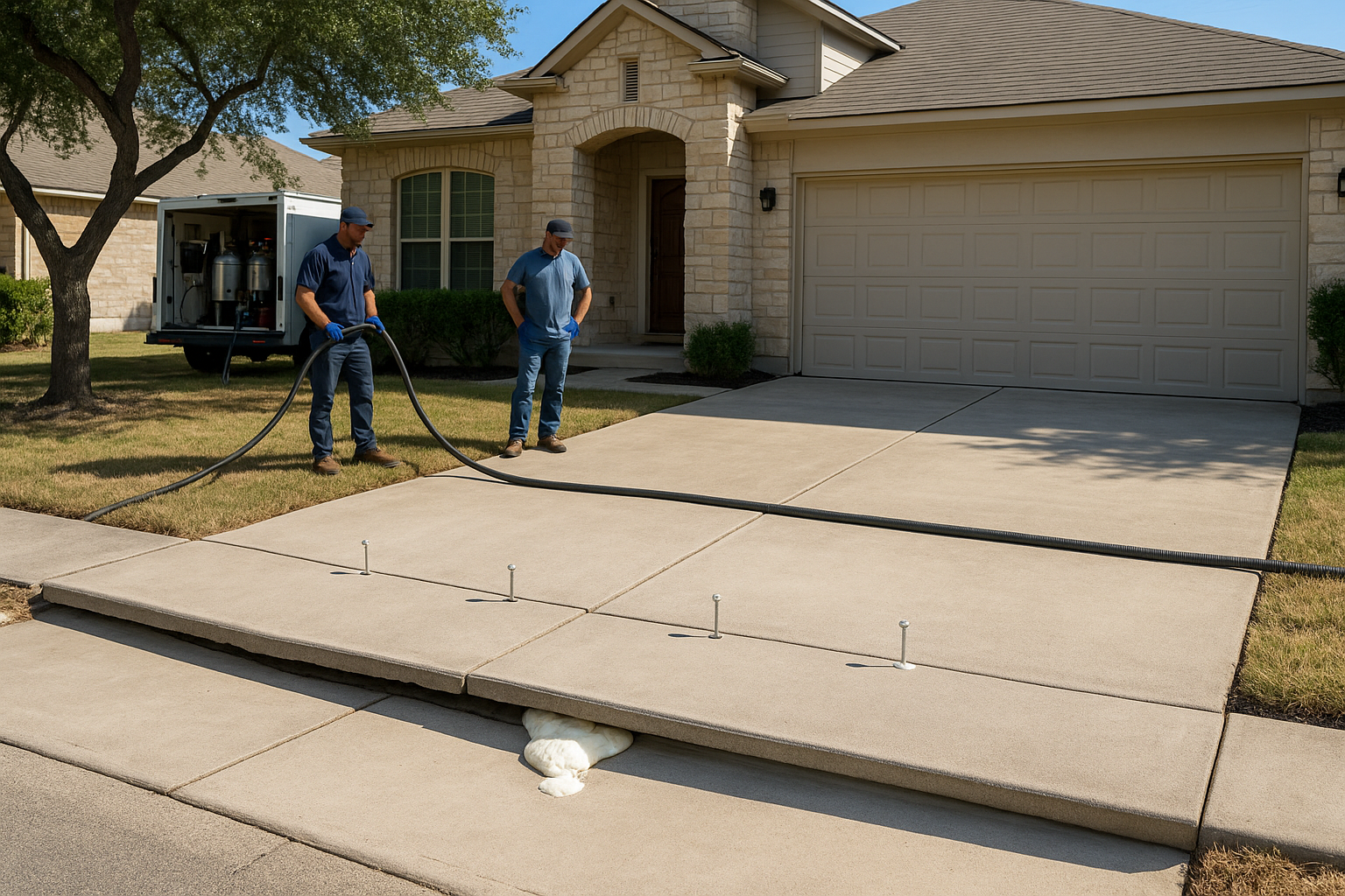 A realistic residential San Antonio, Texas home with a sunken concrete driveway slab being lifted with polyurethane foam injection by a professional crew. Show visible slab separation before leveling, foam injection ports, clean equipment, bright Texas sunlight, and a repaired smooth driveway surface. Suburban setting with drought-affected soil, clean modern composition, high detail, photorealistic.