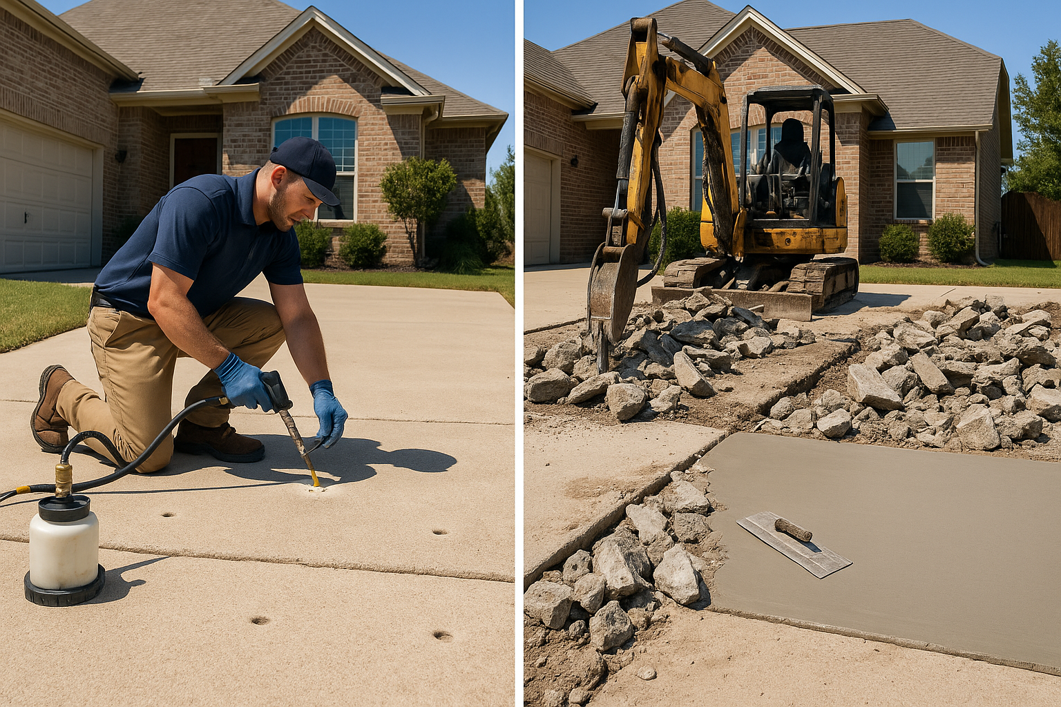 A realistic Texas residential scene showing a split comparison: on one side, a sunken concrete driveway being lifted with polyurethane foam injection through small drilled holes; on the other side, a full concrete replacement with demolition equipment, broken slab debris, and a newly poured section. Bright daylight, suburban home, clear visual contrast between fast noninvasive leveling and messy replacement, professional contractors, clean high-detail marketing style.