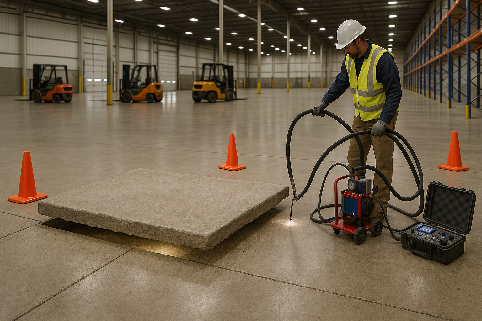 A wide-angle commercial warehouse interior in Texas with a concrete floor section being lifted using polyurethane foam injection, technician equipment visible, forklifts parked nearby, clear before-and-after elevation difference, clean industrial setting, realistic lighting, safety cones, professional repair scene, high-detail photorealistic style.