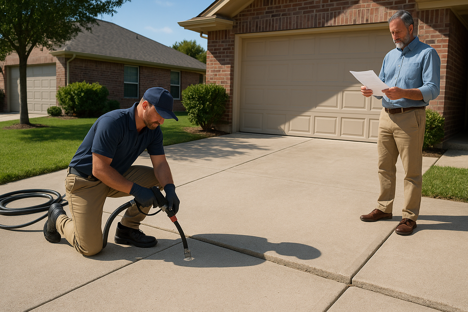 A Texas residential driveway with one sunken concrete slab being lifted by a contractor using polyurethane foam injection equipment, with the homeowner reviewing a printed warranty document nearby.