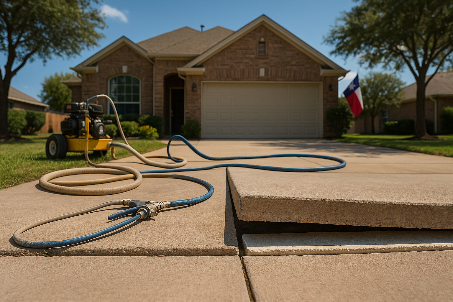 A realistic Texas residential driveway with one sunken concrete slab being lifted by polyurethane foam injection, contractor equipment visible, clean suburban home in the background, bright natural daylight, before-and-after height difference visible, professional and trustworthy service aesthetic.