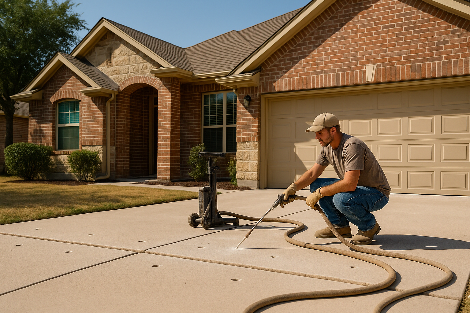 A bright, realistic Texas residential scene showing a contractor performing polyurethane foam concrete lifting on a sunken driveway slab beside a suburban home. Include small injection holes, leveling equipment, lifted concrete aligned evenly, clean work area, warm Hill Country light, and a professional no-mess repair look.