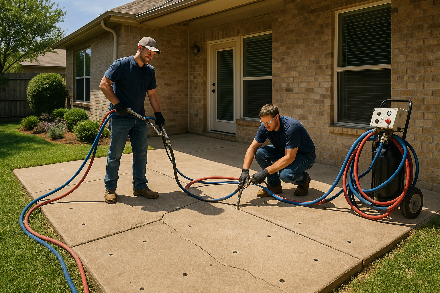 A realistic Texas backyard with a slightly sunken and cracked concrete patio being repaired by technicians using polyurethane foam injection equipment, small drilled holes visible in the slab, clean residential setting, bright natural light, before-and-after effect, professional home service photography style.