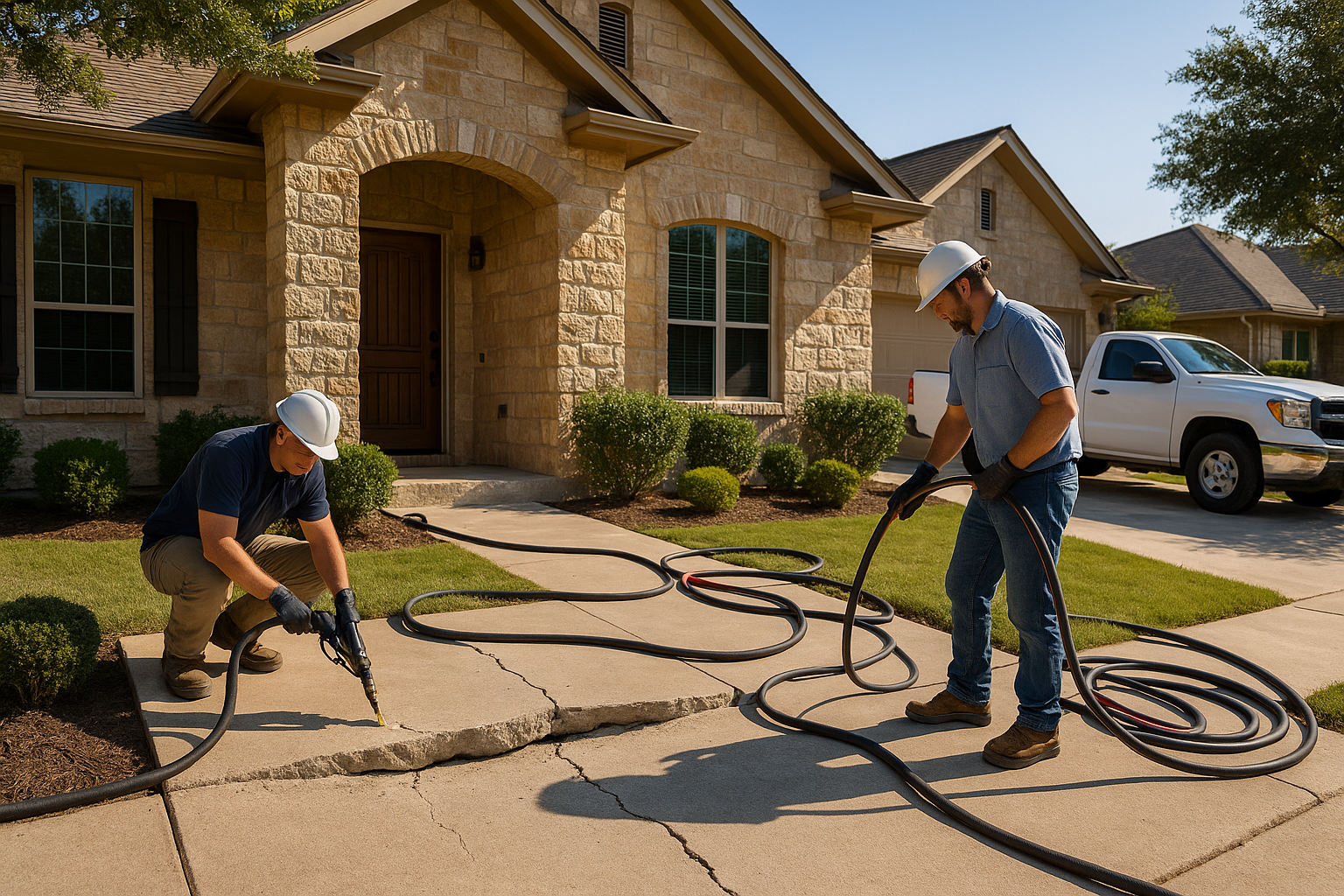 A realistic residential Texas home with a cracked and slightly sunken concrete front porch being repaired by technicians using polyurethane foam injection equipment, warm Hill Country lighting, visible porch slab settlement, clean work truck in driveway, professional home service scene, high-detail, photorealistic, wide-angle composition.